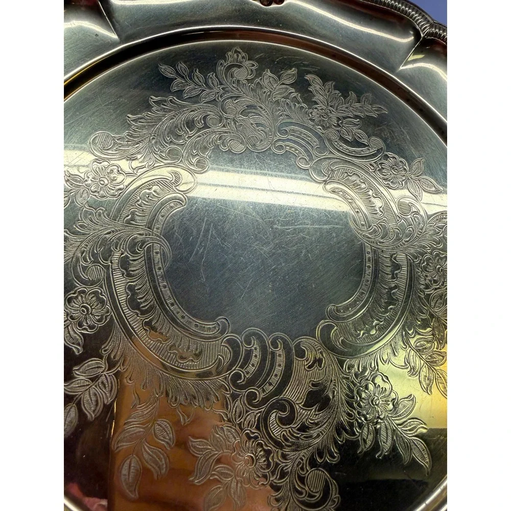 Vintage Gold Tone Etched Floral Round Serving Tray Scalloped Shell Rim 12.5 Inch